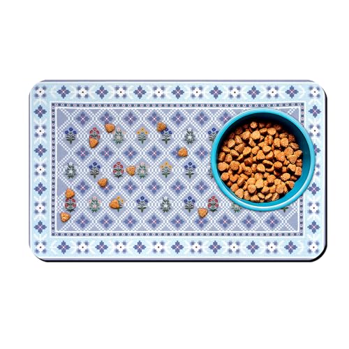 Dog Food Mats for Floors Boho Waterproof Mat for Cat Food and Water Bowls - Absorbent Quick Dry Non Slip Mat for Pet Feeding - color: Blue, size: 24"L x 16"W
