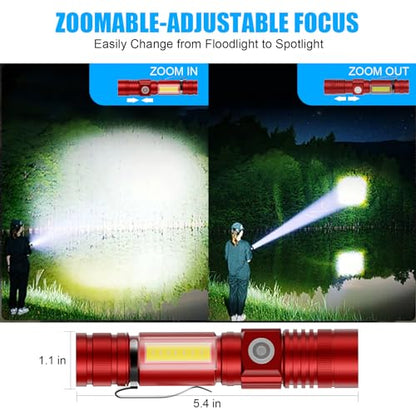 Hoxida Flashlight USB Rechargeable, Magnetic LED Flashlight, Super Bright LED Tactical Flashlight with Cob Sidelight, Waterproof, Zoomable Best Small LED Flashlight for Camping, Emergency -Red - color: Red