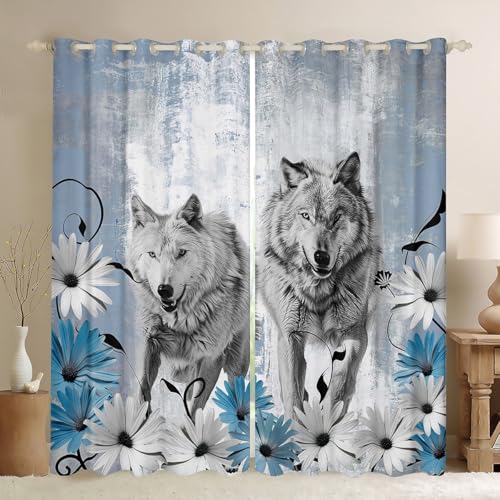 Erosebridal Hunting Wolf Curtains for Bedroom,Farmhouse Country Floral Daisy Curtains Blackout Western Decor,Blue Grey Graffiti Curtains Wildlife Animals Window Curtains 2 Panels 38" Wx54 L - color: Blue Grey, size: 2 Panels 38"Wx54"L