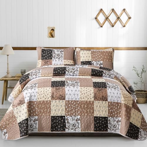 Mybedsoul Brown Quilt Set Twin Size, 2 Pieces Plaid Floral Bedspread Set Patchwork Reversible Bedding Set Microfiber Lightweight Bedspread Coverlet Set for All Season 68"x86" - color: Khaki, size: Twin