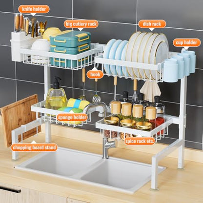 YKLSLH Over Sink Dish Drying Rack, Expandable Large Drying Rack, Suitable for Most Sinks (24.8"-35.4"), Adjustable Metal Rack, Space Saving, White - color: White, size: 2 tiers 4 baskets