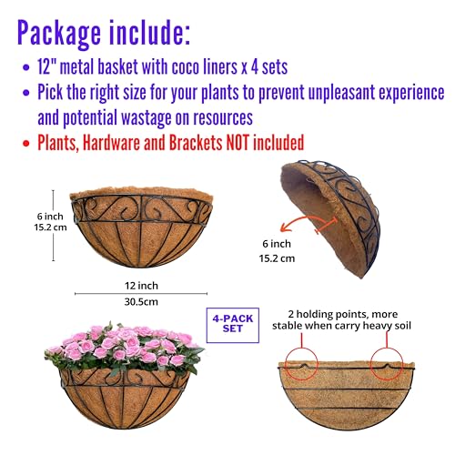 LaLaGreen Wall Hanging Planters, 4 Pack, 12 Inch Balcony Flower Baskets with Coco Liner Outside, Outdoor Vertical Garden, Fence Pots Holder Half Round Semi Circle Rail Railing Deck Porch Balcony Patio - size: 12" (30.5cm) x 4 Pack