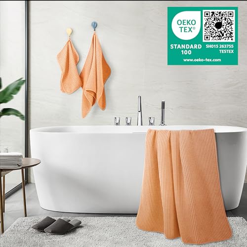 POLYTE 430 GSM Microfiber Quick Dry Lint Free Oversize Bath Towel Set, 6 Piece (Waffle Weave) - color: Orange