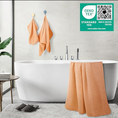 POLYTE 430 GSM Microfiber Quick Dry Lint Free Oversize Bath Towel Set, 6 Piece (Waffle Weave) - color: Orange