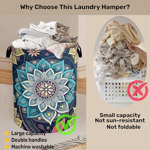 Bohemian Blue Flowers Laundry Basket, Dirty Clothes Basket, Water Resistant Foldable Hamper for Women, Storage Basket for Bedroom, Bathroom, Clothes - color: Bohemian Flowers