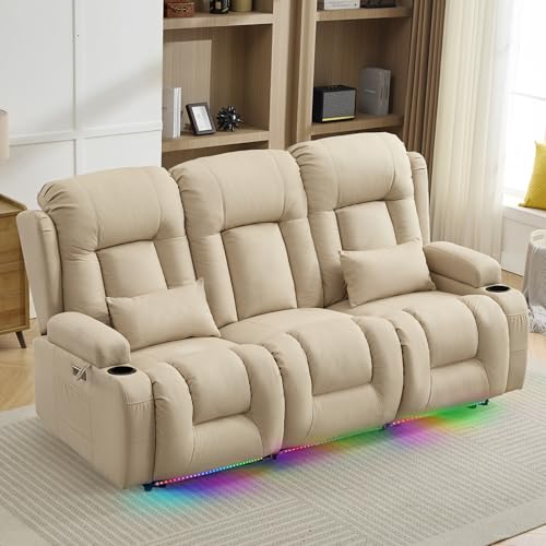 TUNYI Power Loveseat Recliner Sofa with Massage & Heat Home Theater Seating with Console RV Recliner Loveseat Sofa with USB/Storage/Side Pocket/LED Light/Speaker (Beige, 3 Seat) - color: Beige, size: 3 Seat
