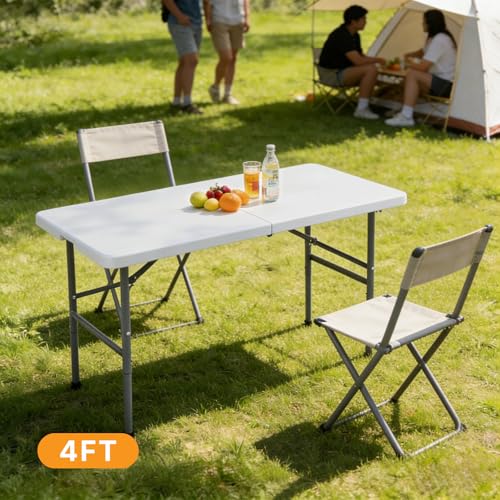 4 Feet Folding Picnic Table, Plastic Table with Carrying Handle, Heavy Duty Portable Table for Camping Party, White
