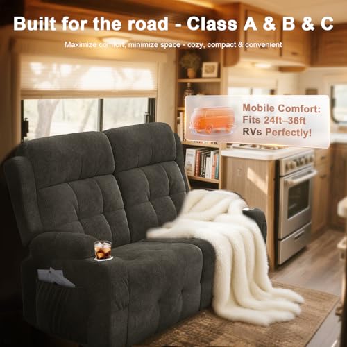 Reclining Loveseat, 55.1" RV PU Leather Wall Hugger Recliner Love Seats Sofa with Charging Station, Removable Armrest, Cup Holder, Double Recliners Couch, Manual Love Seat for Living Room - color: Fabric Gray, size: Hera - Loveseat