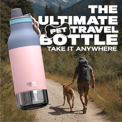 Asobu Buddy Bottle a Stainless Steel Insulated Water Bottle for with Removable Dog Water Bowl and Dog Food and Treat Storage Bowl (Pastel Pink, 34 Oz) - color: Pastel Pink