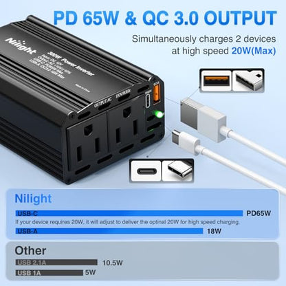 Nilight 300W Power Inverter 12V DC to 110V AC Car Converter with PD 65W USB C & QC3.0 for Phones Tablets Laptop Computer Game Console Kindle iPad DVD Players Black - color: 300W USB+PD 110V Outlet*2