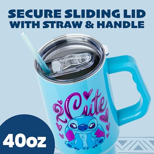 Silver Buffalo Disney Lilo and Stitch “2 Cute” Double Walled Stainless Steel Tumbler with Handle, Fits in Standard Cup Holder, 40 Ounces - color: Kawaii Stitch Sitting