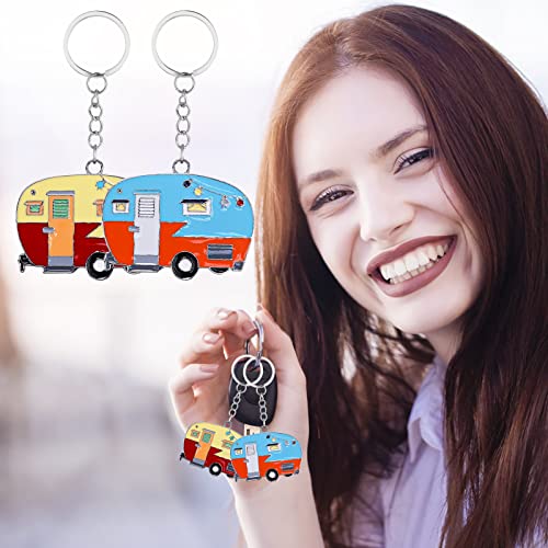Thinp 2 Pieces Camper Keychain, RV Camper Keyring Accessories for Travel Trailers Enameled Metal Retro Camping Car Keychain - color: Blue+brown