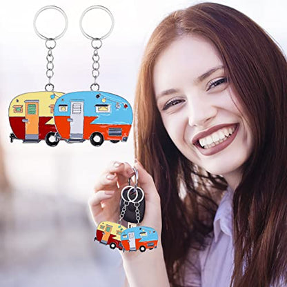 Thinp 2 Pieces Camper Keychain, RV Camper Keyring Accessories for Travel Trailers Enameled Metal Retro Camping Car Keychain - color: Blue+brown