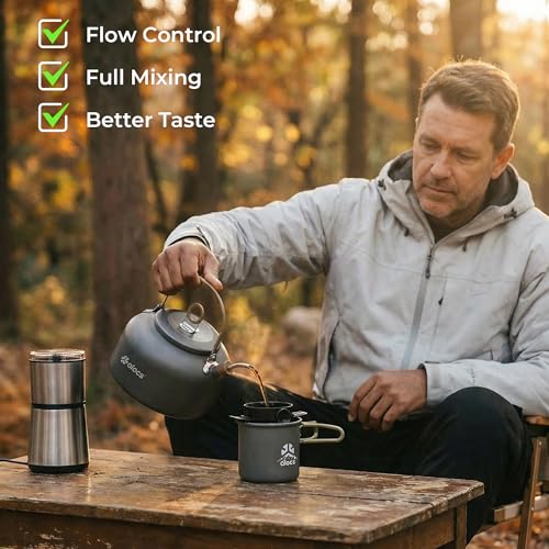 Alocs 2.3L Camping Coffee Pot Outdoor Coffee Maker Set, Hard Anodized Aluminum Camping Kettle with Pour Over Coffee Kit, 12oz Mug & Precision Spout, Portable Backpacking Gear for Campfire & Gas Stove