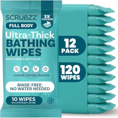 Extra Large Body Wipes for Adults Bathing No Rinse - 120 Ultra Thick Disposable Shower Wipes for Men, Women & Elderly - Great for Gym, Camping, Post Surgery - size: 10 Count (Pack of 12)