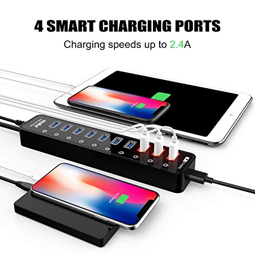 Powered USB 3.0 Hub, USB 3.0 Data Hub 11 Ports - 7 USB 3.0 Data Ports + 4 Smart Charging Port with Individual On/Off Switches and 12V/4A Power Adapter USB Hub 3.0 Splitter
