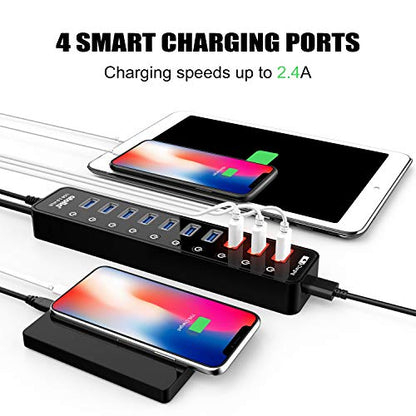 Powered USB 3.0 Hub, USB 3.0 Data Hub 11 Ports - 7 USB 3.0 Data Ports + 4 Smart Charging Port with Individual On/Off Switches and 12V/4A Power Adapter USB Hub 3.0 Splitter