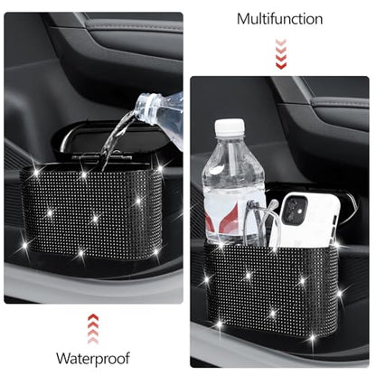 NBTEPEM Bling Car Trash Can with Lid - 2 Pack, Mini Auto Garbage Can with 60 Trash Bags, Automotive Garbage Container Bin, Bling Car Accessories Trash Can for Women (Black Diamond) - color: Black Diamond