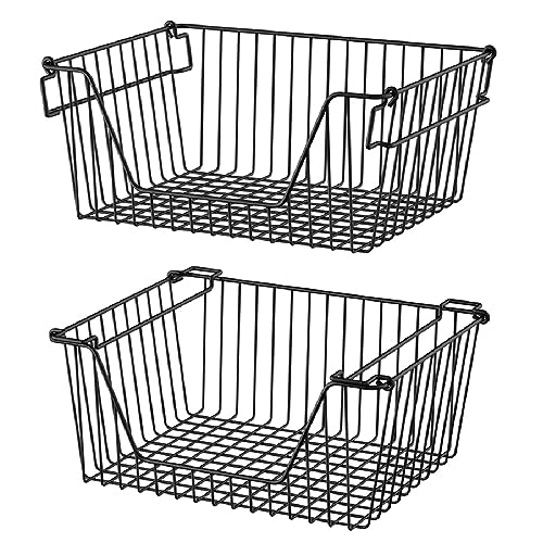 Slideep 14'' Black Stackable Storage Baskets Sturdy Metal Wire Freezer Bins Cabinet Organizer for Pantry Home Bathroom Kitchen Organization- Set of 2 - color: 14''-Black