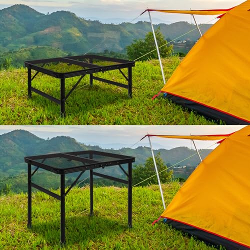 Grill Table Camping Table Portable Folding Table,Height Adjustable Collapsible with Mesh Desktop,Lightweight Metal Table for Camp, BBQ, Picnic, RV, Outdoor Cooking, Travel