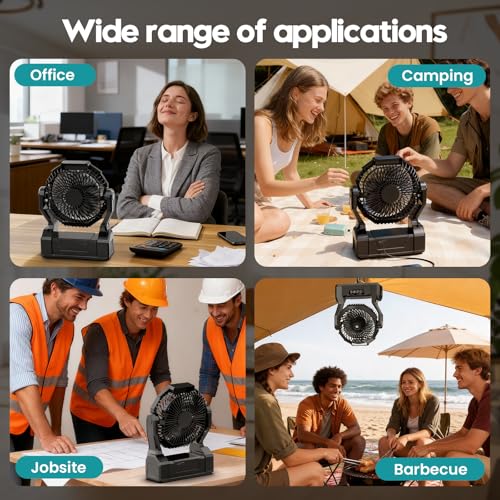 Camping Fan with 64H Runtime, Rechargeable Battery Powered Portable Fan with LED Light, Quiet Travel Tent Fan for Camping, Hurricane, Fishing, Indoor Outdoor, Gifts for Men Black
