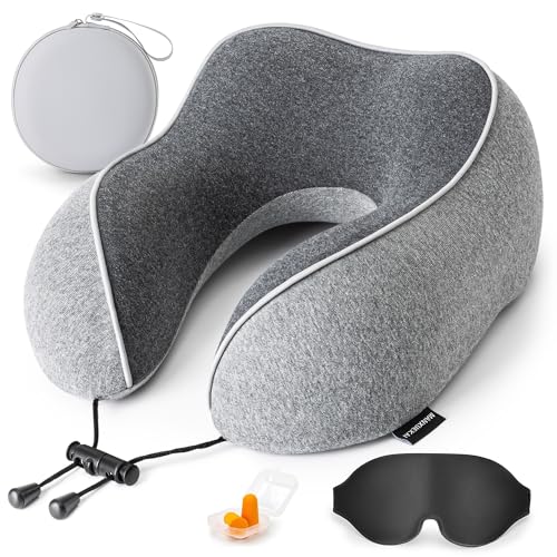 Travel Neck Pillow for Sleeping,100% Pure Memory Foam, Soft Head Support | Washable Cotton Cover,Comes with 3D Eye Mask,Earplugs,Storage Bag,Ideal Travel Gift,Relieve Neck Pressure,Grey - color: Grey