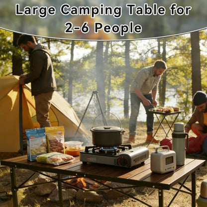 Seazul Camping Table, Large for 2-6 Persons, Supports 230 LBS, Foldable Roll-up Aluminum Camp Table with Carry Bag, Folding Portable Metal Outdoor Table for Picnic, Camp, Dining, Walnut Wood Grain