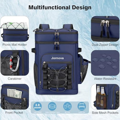 Insulated Cooler Backpack, 35L Leakproof Backpack with Double Compartments for Men & Women, Large Lunch Cooler for Camping, Beach, Travel, Picnic, Up to 48 Cans - color: Blue