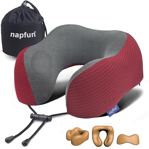 napfun Neck Pillow for Traveling, Upgraded Travel Neck Pillow for Airplane 100% Pure Memory Foam Travel Pillow for Flight Headrest Sleep, Portable Plane Accessories, Burgundy - color: Burgundy