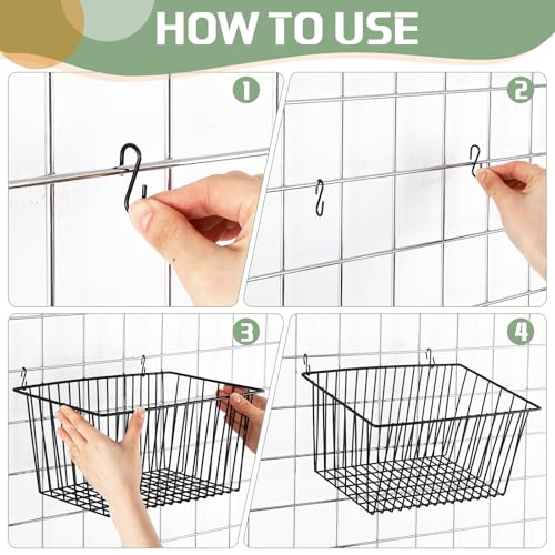 4pcs Hanging Wire Basket Set with S Hooks, 10.8''x7.8''x5.6'' Grid Panel gridwall Storage Baskets for Kitchen, Home Decor, Potted Plants Display, Black Metal Gridwall Accessories