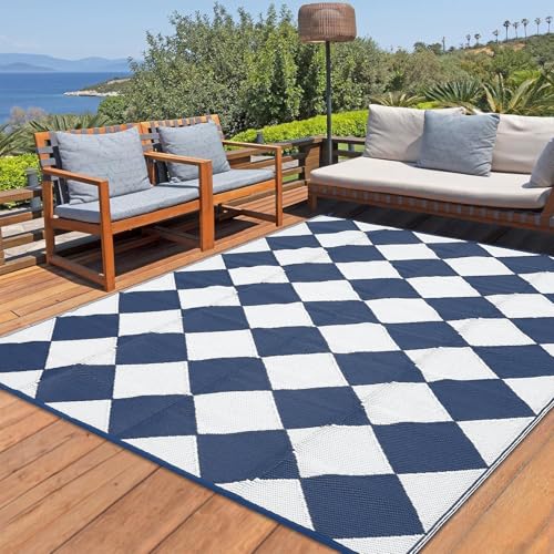 GarveeHome Outdoor Plastic Straw Rug 8x10 Reversible Patio Rug Outdoor Rug Waterproof Camping Rug Portable Outdoor Floor Mat for RV Porch Balcony Patio Camping Picnic Beach Dark Blue Diamond - color: Dark Blue Diamond, size: 8' x 10' (Rectangular)