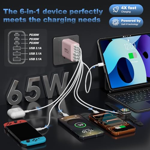 65W USB C Charger Block,6-Port Multi Device Fast Charger PD QC Wall Adapter | GaN technology saves space and reduces heat,ideal for home,office,travel,wide compatibility for iphone and USBC devices（Pink - color: Pink