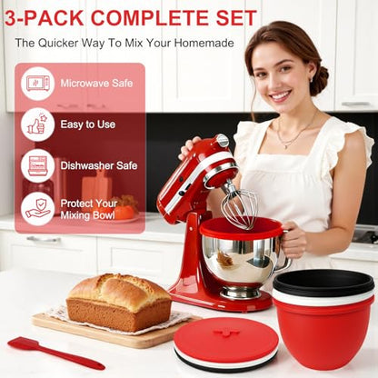 3-Pack Silicone Bowl Liners for KitchenAid Mixer, 5 Qt Tilt-Head Bowl Inserts with Airtight Lids & Scraper Spatula, Reusable Mixing Liners for Efficient Baking & Food Storage