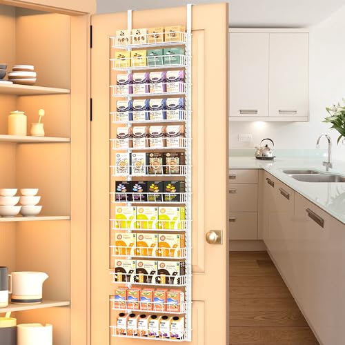 Churboro Over the Door Pantry Organizer Rack with 12 Adjustable Baskets, 12 Tiers Dual-use Spice Rack- Hanging or Wall Mount Spice Rack, Pantry Door Organizer, White - color: White, size: 12 Tiers