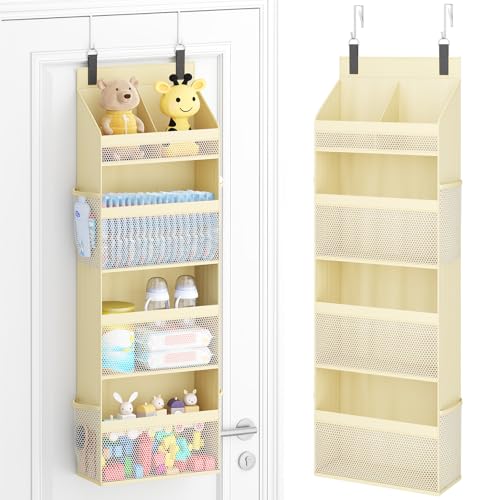Lifewit 4 Tier Over the Door Diaper Organizer for Nursery, Large Heavy Duty Hanging Storage with 4 Mesh Side Pockets, Sturdy Back of Door Shelf for Baby Stuff Toy in Pantry, Laundry, Bathroom, Beige - color: Beige, size: 4 Tier
