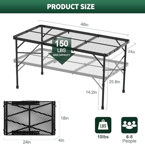 WildFinder Folding Gril Table, 4x2 FT Camping Table with Mesh Desktop,Height Adjustable Folding Grill Table with Mesh Bag,Portable Outdoor for Picnic,Camping,BBQ,Beach(Black) - size: 4x2FT