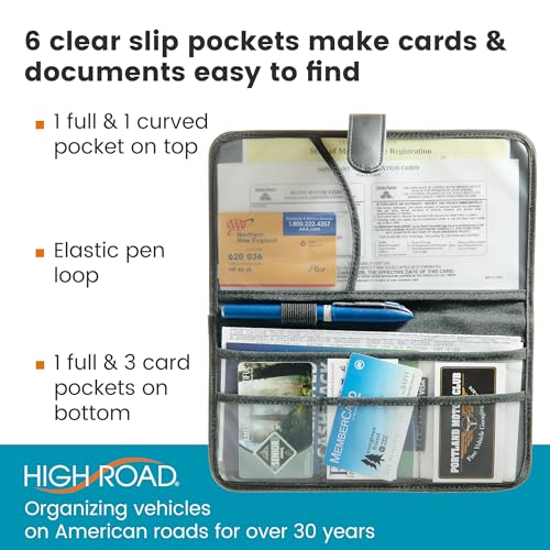 High Road Car Document Holder - Registration and Insurance Card Holder and Car Visor Organizer with 6 Clear Pockets and Pen Loop for Driving Documents, Cards and Paperwork