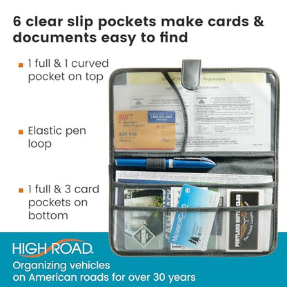 High Road Car Document Holder - Registration and Insurance Card Holder and Car Visor Organizer with 6 Clear Pockets and Pen Loop for Driving Documents, Cards and Paperwork