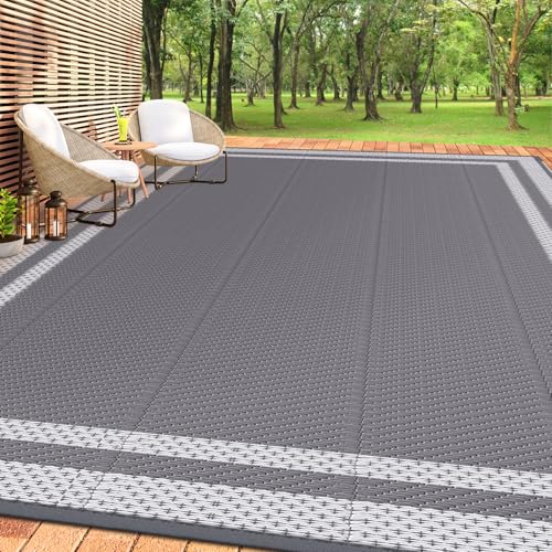 HappyTrends Outdoor Rug Reversible Portable Plastic Straw Camping Rugs for Outside RV,Large Waterproof Outdoor Area Rugs for Patio,Deck,Porch,Balcony(8'x 10',White&Gray) - size: 8' x 10' (Rectangular)