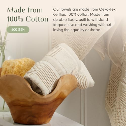 Springtree Home 100% Cotton Bathroom Towel Set | 6 Piece Set - Beige Towels | Geometric Textured Design | Absorbent & Quick-Dry | Oeko-TEX® Standard 100 Cotton | Myla Collection - Sandshell - color: Sandshell, size: 6 Piece Set