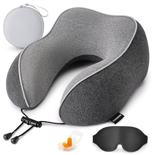 Travel Neck Pillow for Sleeping,100% Pure Memory Foam, Soft Head Support | Washable Cotton Cover,Comes with 3D Eye Mask,Earplugs,Storage Bag,Ideal Travel Gift,Relieve Neck Pressure,Dark Grey - color: Dark Grey