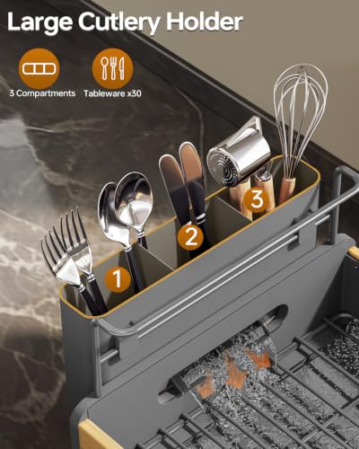 Urackify Dish Drying Rack for Kitchen Counter - Stainless Steel & Bamboo Dish Rack with Large Removable Utensil Holder, Dish Drainer with Adjustable Automatic Spout, Grey - color: Gray, size: 1 Tier