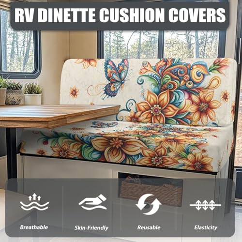 Butterfly Boho Floral Pattern RV Dinette Cushion Slipcovers Stretch Camper Booth Seats Replacement Cover RV Sofa Furniture Protector-Bench & Backrest Covers, 2 Sets - color: Butterfly Boho Floral