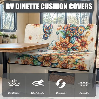 Butterfly Boho Floral Pattern RV Dinette Cushion Slipcovers Stretch Camper Booth Seats Replacement Cover RV Sofa Furniture Protector-Bench & Backrest Covers, 2 Sets - color: Butterfly Boho Floral