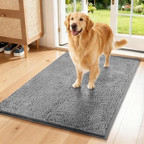 Absorbent Dog Door Mat for Muddy Paws, 60" x 48" Soft Chenille Indoor Dog Mat, Trap Dirt Mud Mat for Dogs, Non Slip Washable Pet Rug for Entryway, Light Grey - color: Light Grey, size: 60"L x 48"W x 1"Th