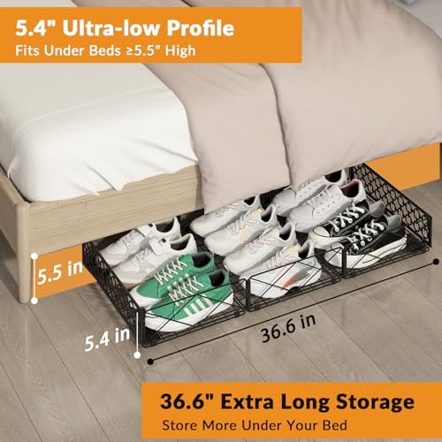 NADAMOO 5.4 in Low Profile Under Bed Storage, 36.6" Ultra Long Metal Underbed Organizer with 6 Smooth Rolling Wheels, 110 lbs Heavy Duty Foldable Under Bed Container for Shoes, Clothes, Toys, 2 Packs