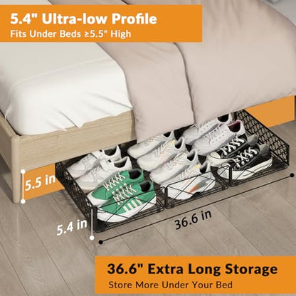 NADAMOO 5.4 in Low Profile Under Bed Storage, 36.6" Ultra Long Metal Underbed Organizer with 6 Smooth Rolling Wheels, 110 lbs Heavy Duty Foldable Under Bed Container for Shoes, Clothes, Toys, 2 Packs