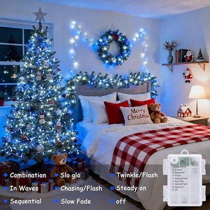 JMEXSUSS 2 Pack Blue and White Battery String Lights, Each 33ft 100 LED Battery Powered Christmas Lights with Remote for Outside Party Birthday - color: Blue&White, size: 2*100LED