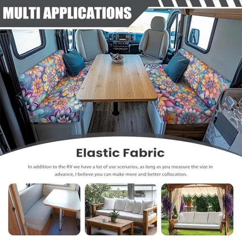 RV Dinette Cushion Covers Set of 2, Boho Floral Camper Cushion Slipcovers, Washable Anti Slip Stretch Fabric - color: Boho Floral