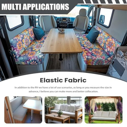 RV Dinette Cushion Covers Set of 2, Boho Floral Camper Cushion Slipcovers, Washable Anti Slip Stretch Fabric - color: Boho Floral
